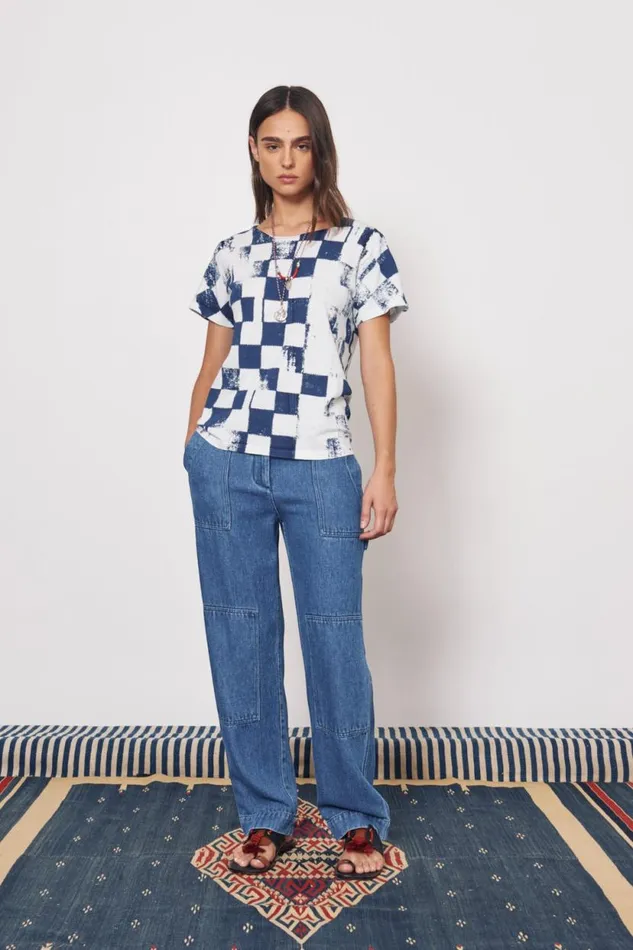 Raquel Allegra Check Ice Blue And Midnight Kibo Tee Women TShirts
