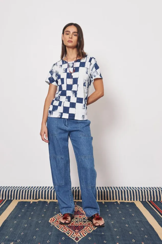 Raquel Allegra Check Ice Blue And Midnight Kibo Tee Women TShirts