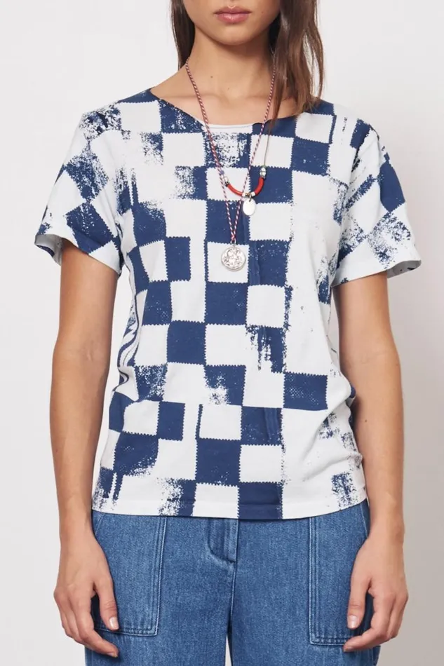 Raquel Allegra Check Ice Blue And Midnight Kibo Tee Women TShirts