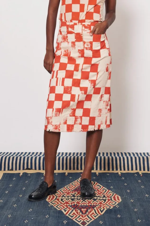 Raquel Allegra Check Tencel Twill Camel And Tomato Durban Midi Skirt Women Bottoms