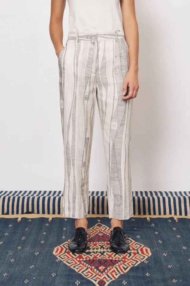Raquel Allegra Silk Linen Dirty White Black Print Narobi Pant Women Bottoms