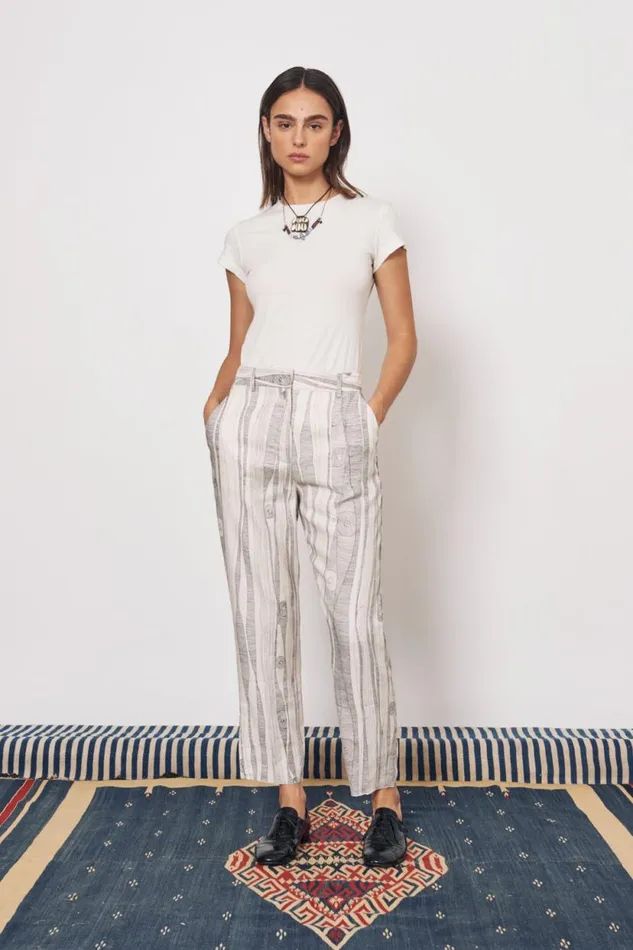 Raquel Allegra Silk Linen Dirty White Black Print Narobi Pant Women Bottoms