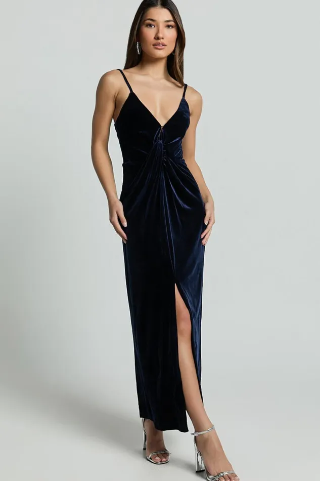 Rebecca Midi Dress 8211 Front Twist Thigh Split Velvet Dress In Navy Women Showpo Dresses Rebecca Midi Dress 8211 Front Twist Thigh Split Velvet Dress In Navy Women Showpo Dresses