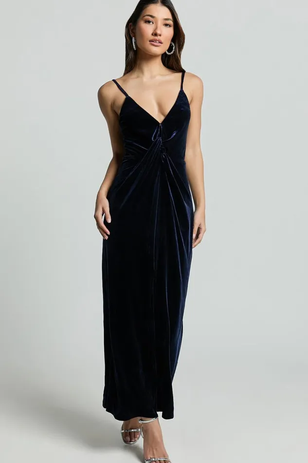 Rebecca Midi Dress 8211 Front Twist Thigh Split Velvet Dress In Navy Women Showpo Dresses