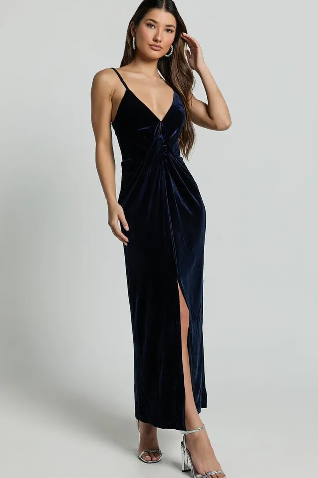 Rebecca Midi Dress 8211 Front Twist Thigh Split Velvet Dress In Navy Women Showpo Dresses