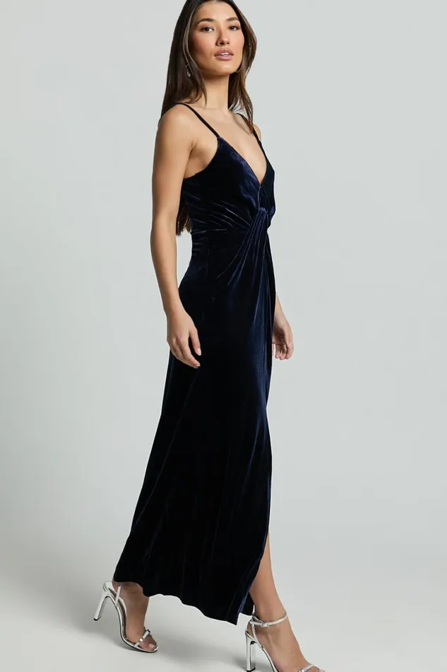 Rebecca Midi Dress 8211 Front Twist Thigh Split Velvet Dress In Navy Women Showpo Dresses