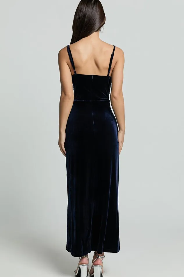 Rebecca Midi Dress 8211 Front Twist Thigh Split Velvet Dress In Navy Women Showpo Dresses