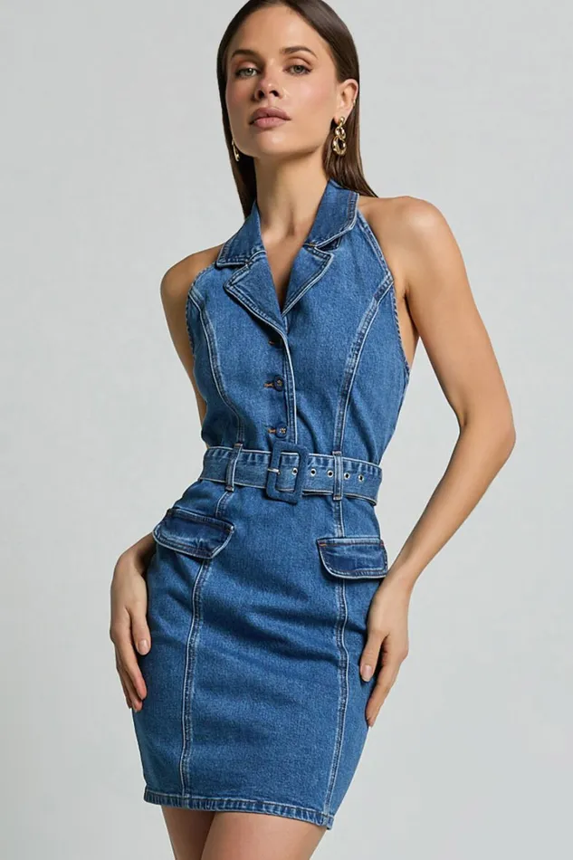 Remi Mini Dress 8211 Halter Belt Denim Dress In Dark Blue Wash Women Showpo Denim