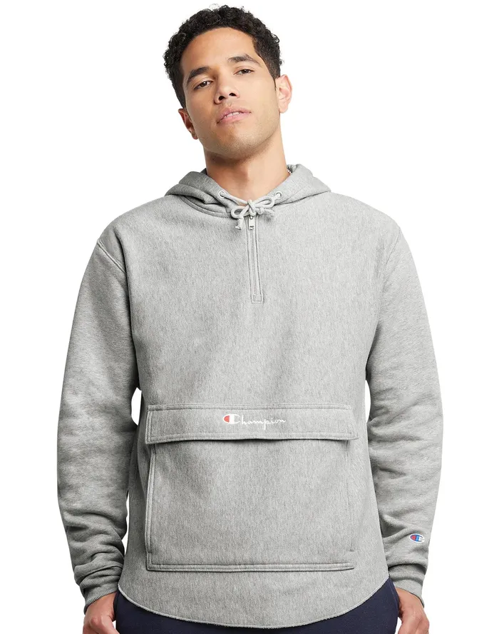Reverse Weave Boxy Anorak Script Oxford Grey Men Champion Hoodies and Sweatshirts