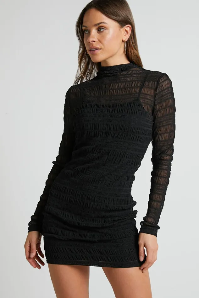 Rhialyn Mini Dress 8211 Long Sleeve Sheer Dress In Black Women Showpo Dresses