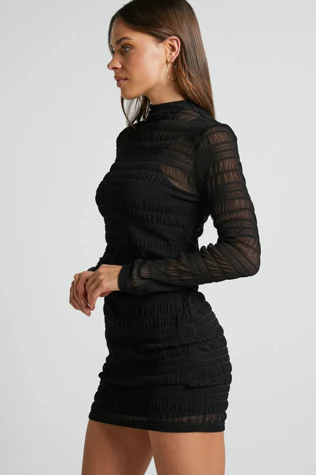 Rhialyn Mini Dress 8211 Long Sleeve Sheer Dress In Black Women Showpo Dresses