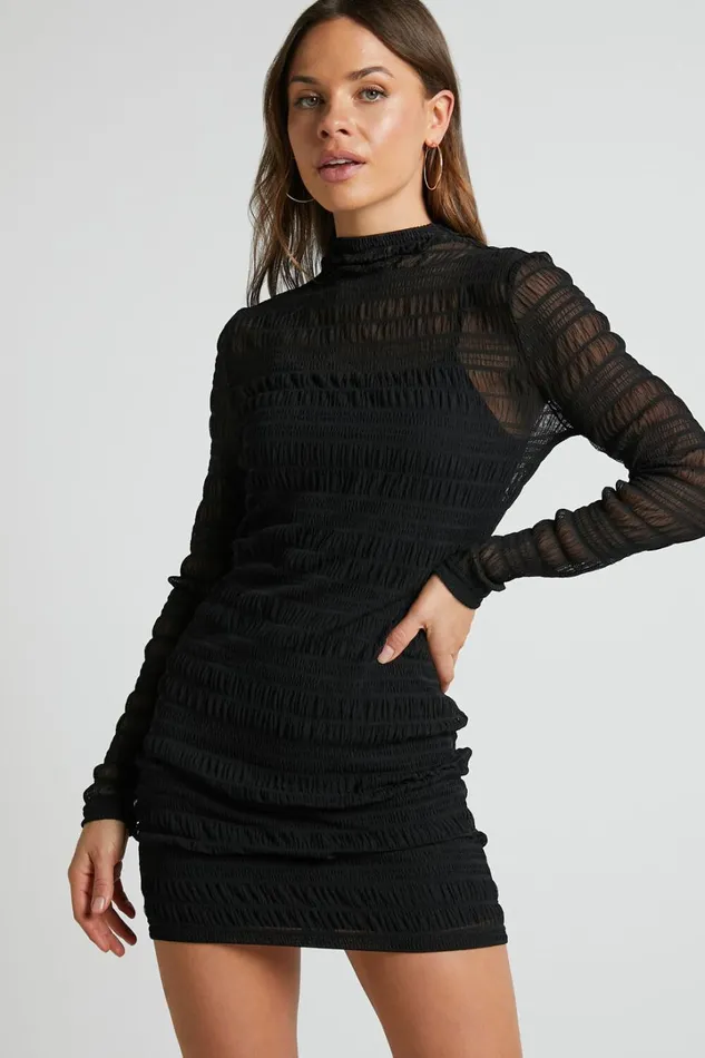 Rhialyn Mini Dress 8211 Long Sleeve Sheer Dress In Black Women Showpo Dresses
