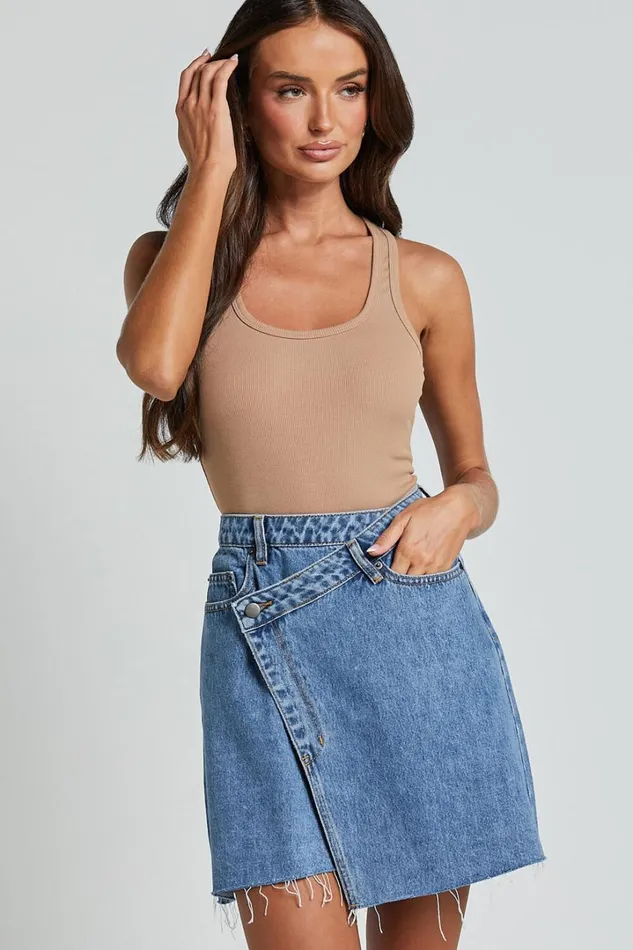Rihanna Skirt 8211 High Waisted Asymmetrical Denim Skirt In Mid Blue Wash Women Showpo Shorts