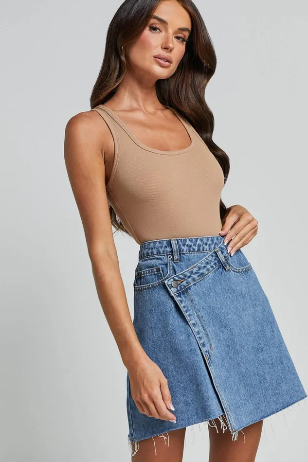 Rihanna Skirt 8211 High Waisted Asymmetrical Denim Skirt In Mid Blue Wash Women Showpo Shorts
