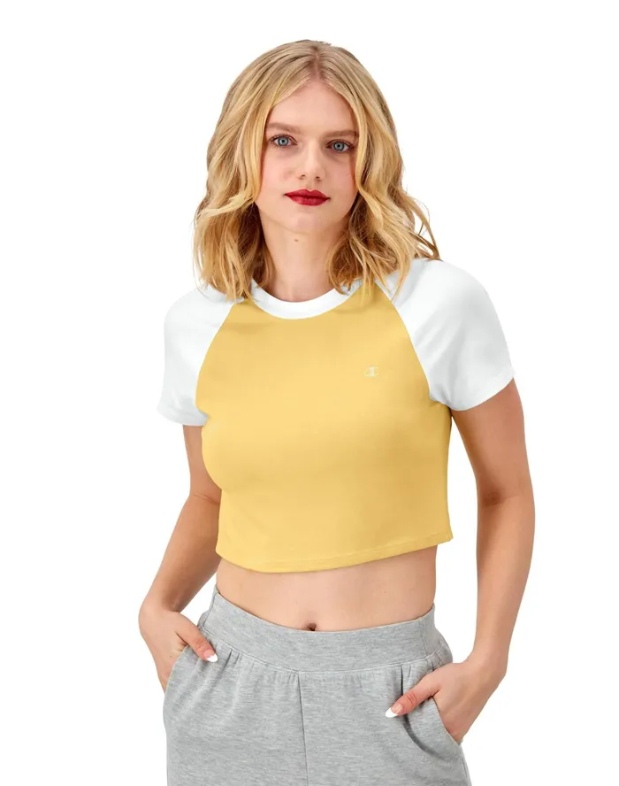 Ringer TShirt Cropped Colorblocked C Logo Morning Sunlight Yellowwhite Women Champion TShirts and Tops