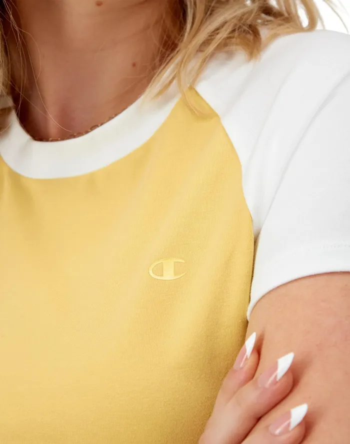Ringer TShirt Cropped Colorblocked C Logo Morning Sunlight Yellowwhite Women Champion TShirts and Tops