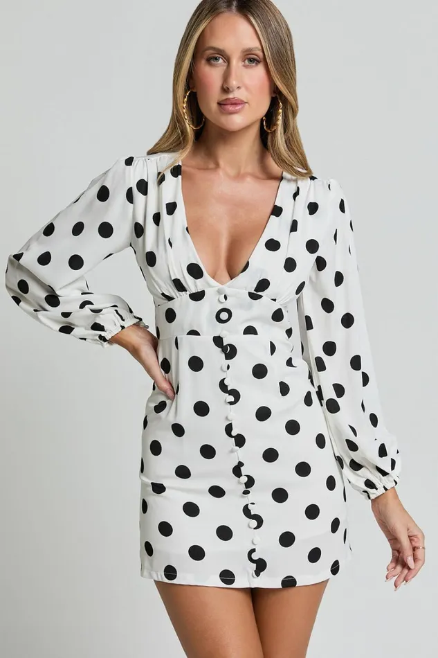 Robyn Mini Dress 8211 Long Balloon Sleeve Plunge Neck Mini Dress In Black Spot Women Showpo Dresses