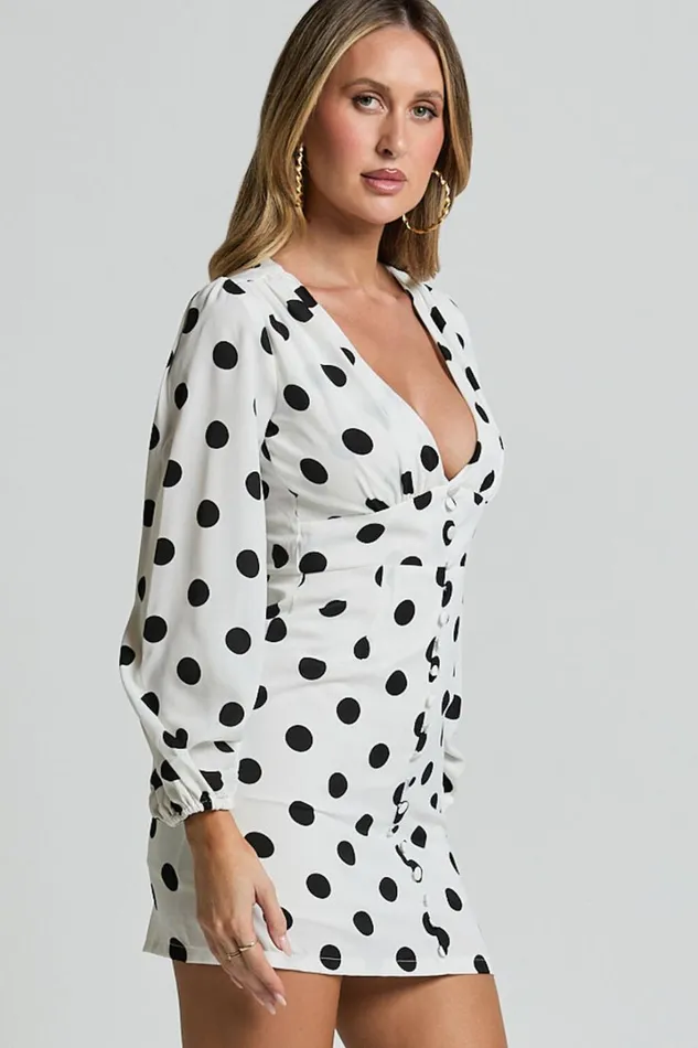 Robyn Mini Dress 8211 Long Balloon Sleeve Plunge Neck Mini Dress In Black Spot Women Showpo Dresses