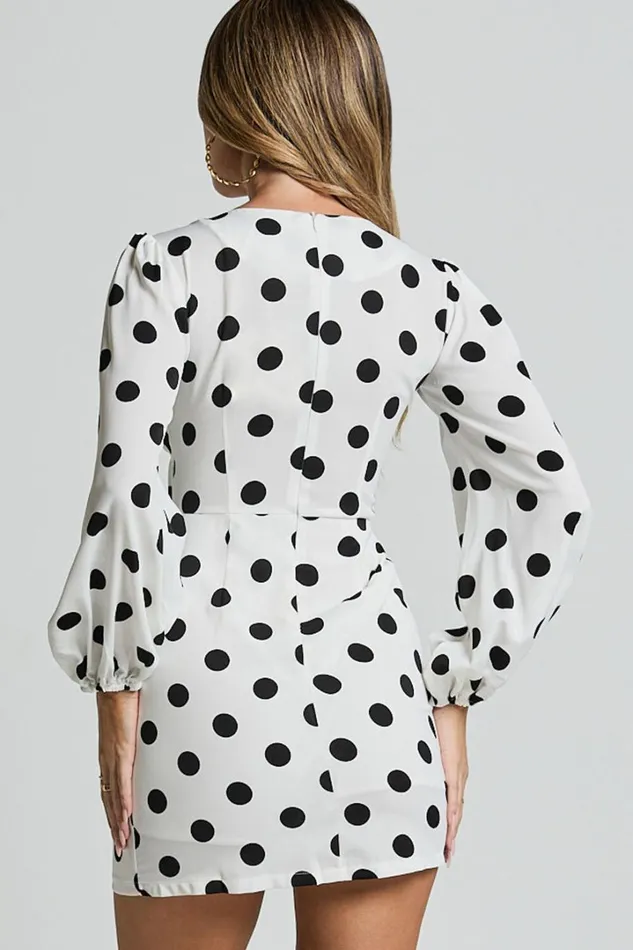 Robyn Mini Dress 8211 Long Balloon Sleeve Plunge Neck Mini Dress In Black Spot Women Showpo Dresses