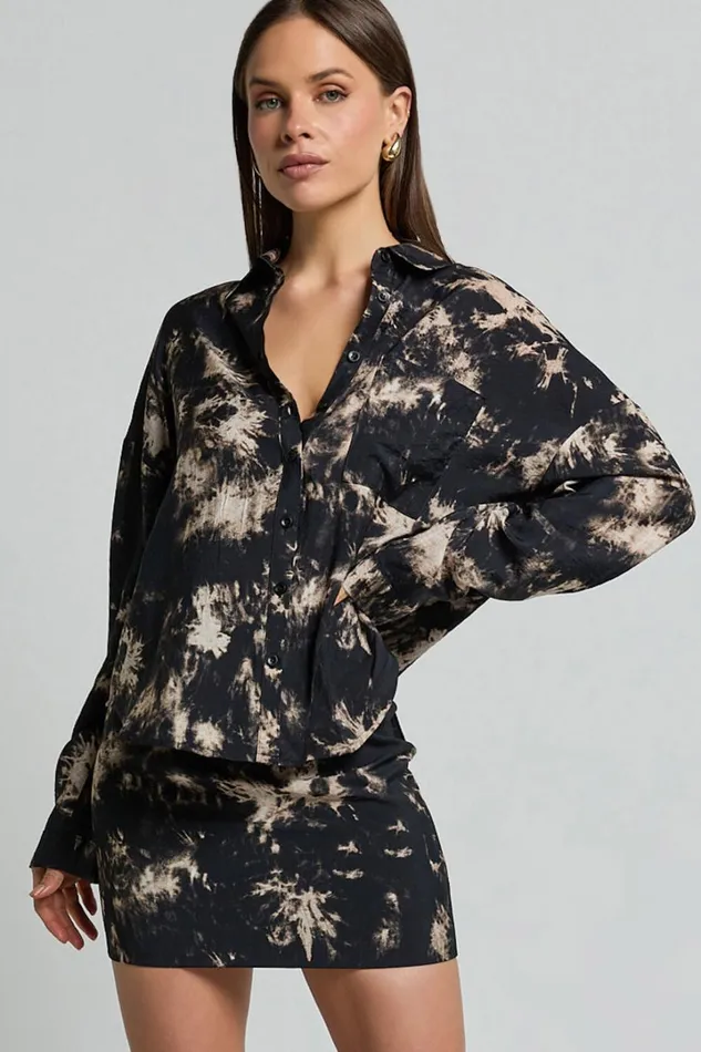 Romain Top 8211 Long Sleeve Oversized Printed Shirt In Black Tie Dye Women Showpo Tops