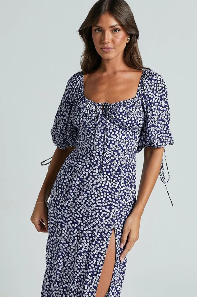Rosario Midi Dress 8211 Ruched Bust Puff Sleeve Dress In Blue Floral Women Showpo Dresses