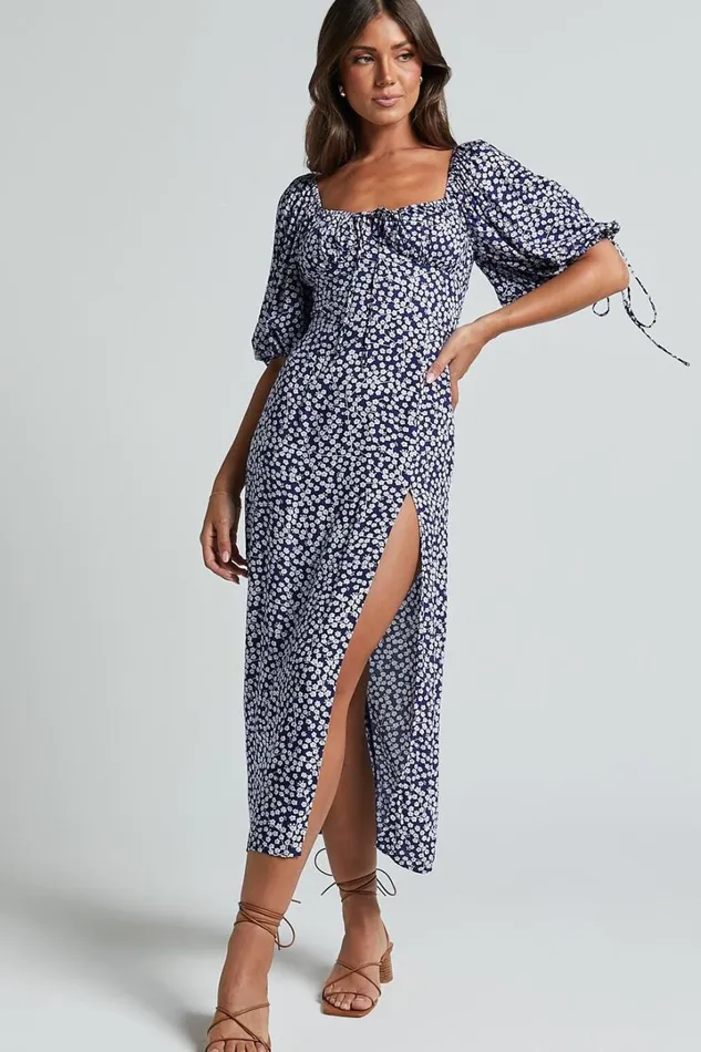 Rosario Midi Dress 8211 Ruched Bust Puff Sleeve Dress In Blue Floral Women Showpo Dresses