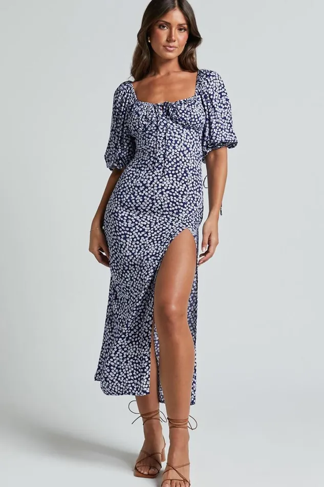 Rosario Midi Dress 8211 Ruched Bust Puff Sleeve Dress In Blue Floral Women Showpo Dresses