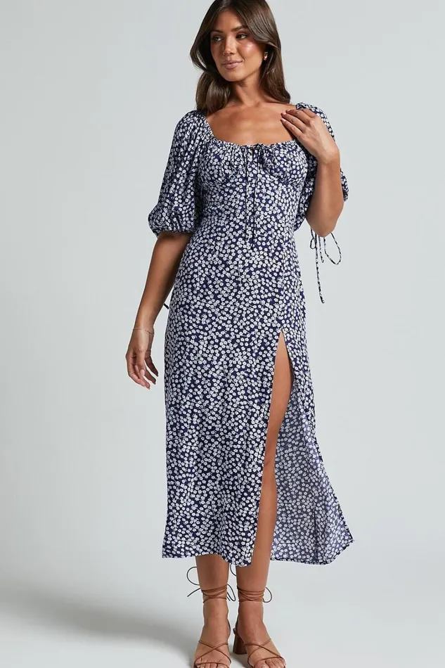 Rosario Midi Dress 8211 Ruched Bust Puff Sleeve Dress In Blue Floral Women Showpo Dresses