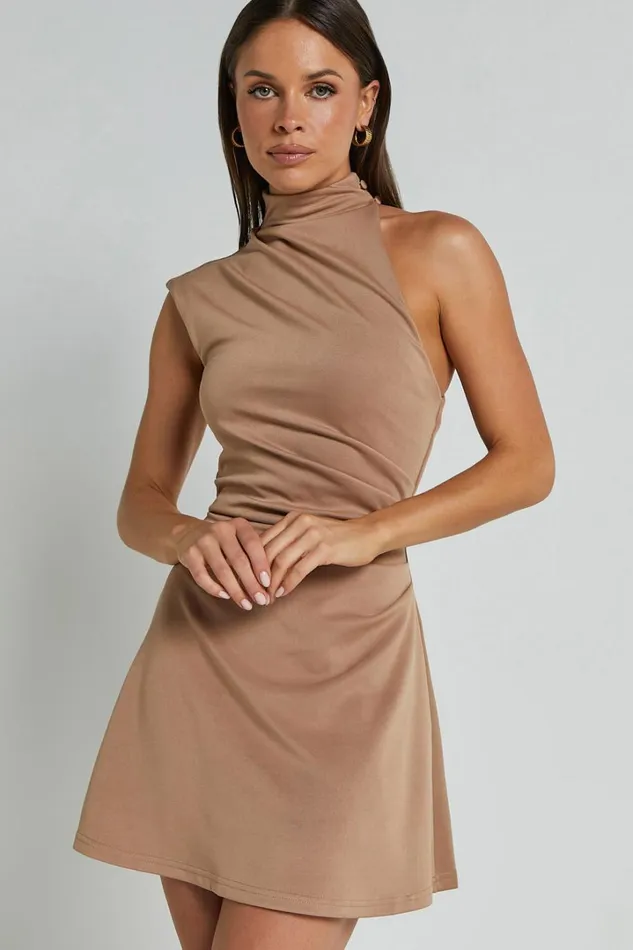 Rubie Mini Dress 8211 High Neck Asymmetrical One Shoulder Dress In Mocha Women Showpo Curve Clothes