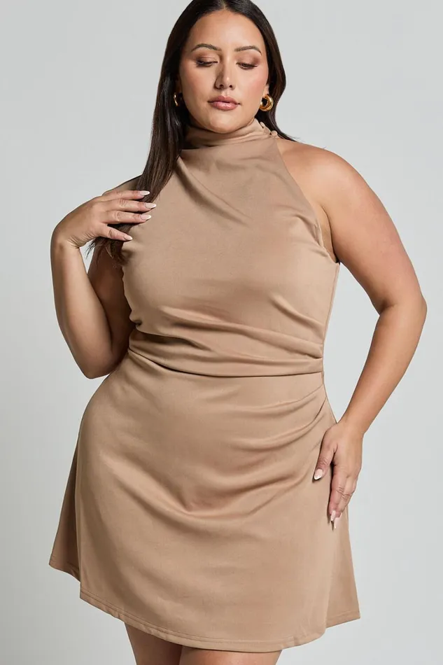 Rubie Mini Dress 8211 High Neck Asymmetrical One Shoulder Dress In Mocha Women Showpo Curve Clothes