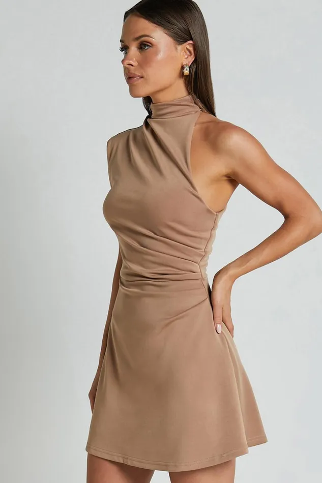 Rubie Mini Dress 8211 High Neck Asymmetrical One Shoulder Dress In Mocha Women Showpo Curve Clothes