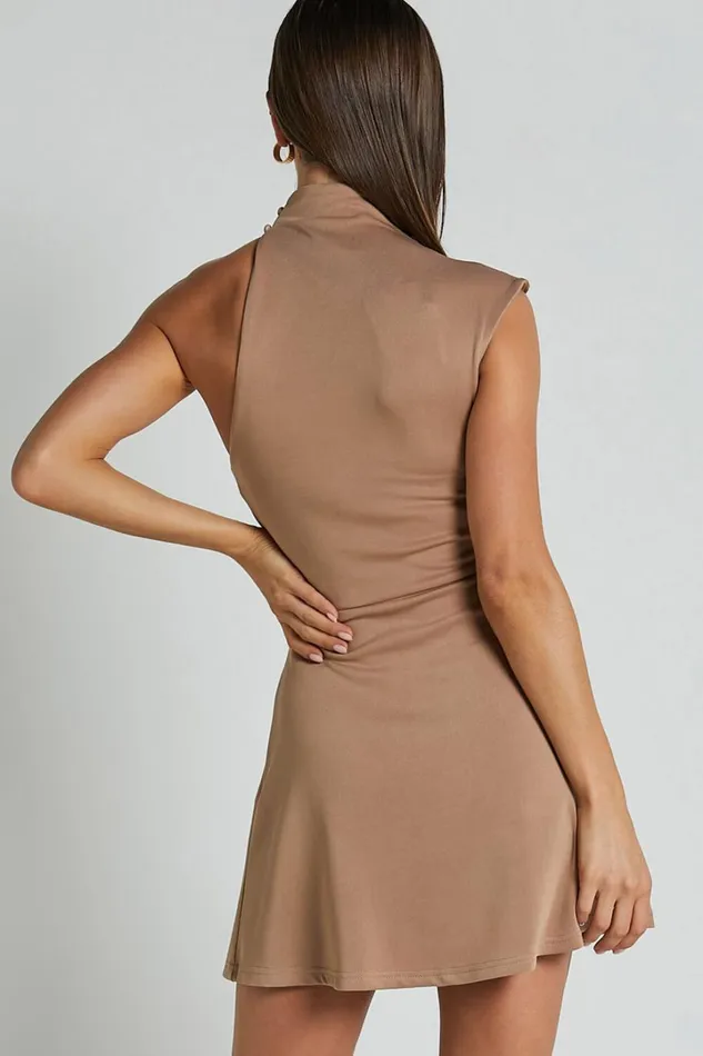 Rubie Mini Dress 8211 High Neck Asymmetrical One Shoulder Dress In Mocha Women Showpo Curve Clothes