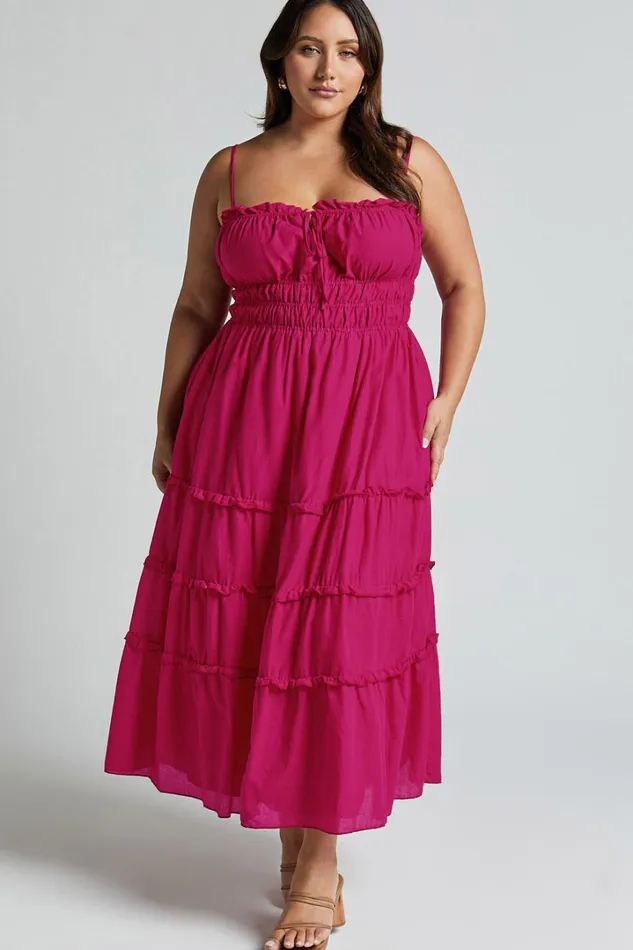 Schiffer Midi Dress 8211 Strappy Ruched Tie Front Tiered Dress In Raspberry Women Showpo Curve Clothes