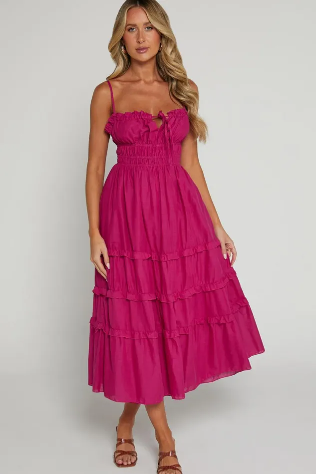 Schiffer Midi Dress 8211 Strappy Ruched Tie Front Tiered Dress In Raspberry Women Showpo Curve Clothes