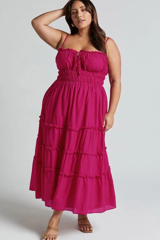 Schiffer Midi Dress 8211 Strappy Ruched Tie Front Tiered Dress In Raspberry Women Showpo Curve Clothes