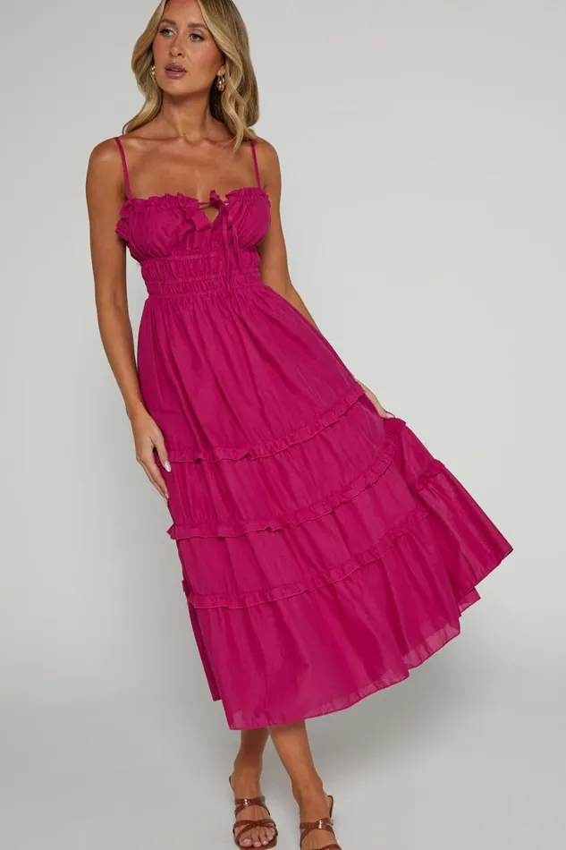 Schiffer Midi Dress 8211 Strappy Ruched Tie Front Tiered Dress In Raspberry Women Showpo Curve Clothes