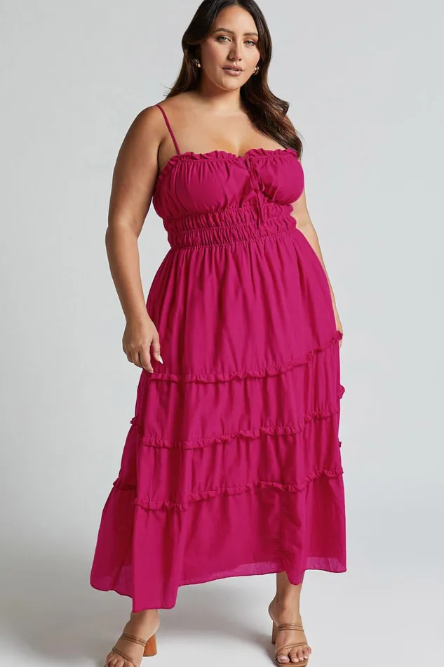 Schiffer Midi Dress 8211 Strappy Ruched Tie Front Tiered Dress In Raspberry Women Showpo Curve Clothes