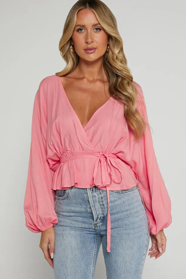 Selena Top 8211 Linen Look V Neck Wrap Long Blouson Sleeve In Peach Women Showpo Tops