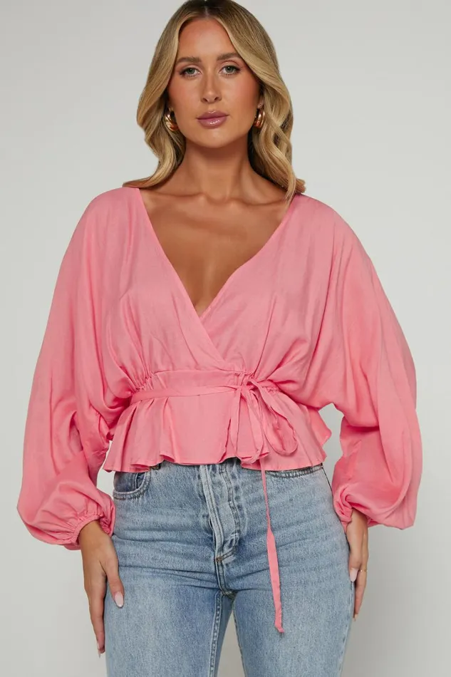 Selena Top 8211 Linen Look V Neck Wrap Long Blouson Sleeve In Peach Women Showpo Tops