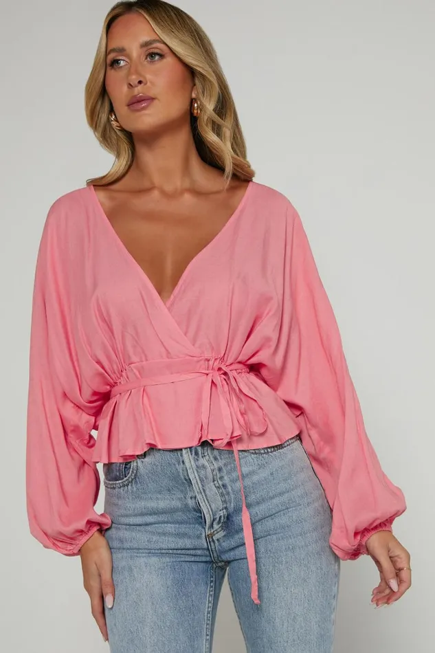 Selena Top 8211 Linen Look V Neck Wrap Long Blouson Sleeve In Peach Women Showpo Tops