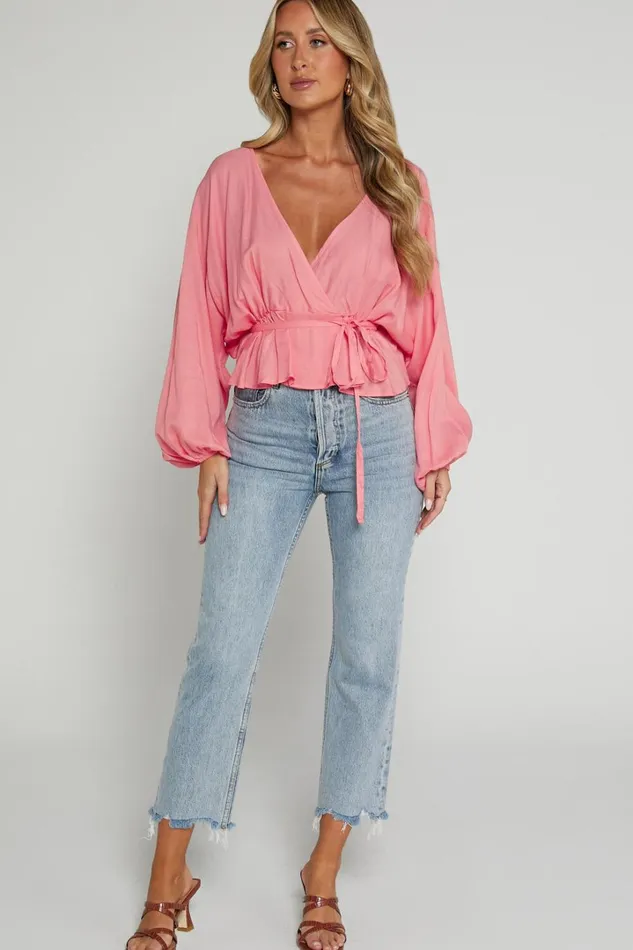 Selena Top 8211 Linen Look V Neck Wrap Long Blouson Sleeve In Peach Women Showpo Tops