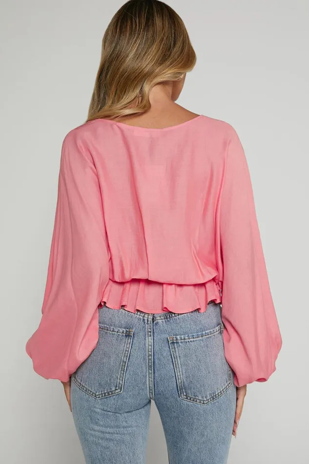 Selena Top 8211 Linen Look V Neck Wrap Long Blouson Sleeve In Peach Women Showpo Tops