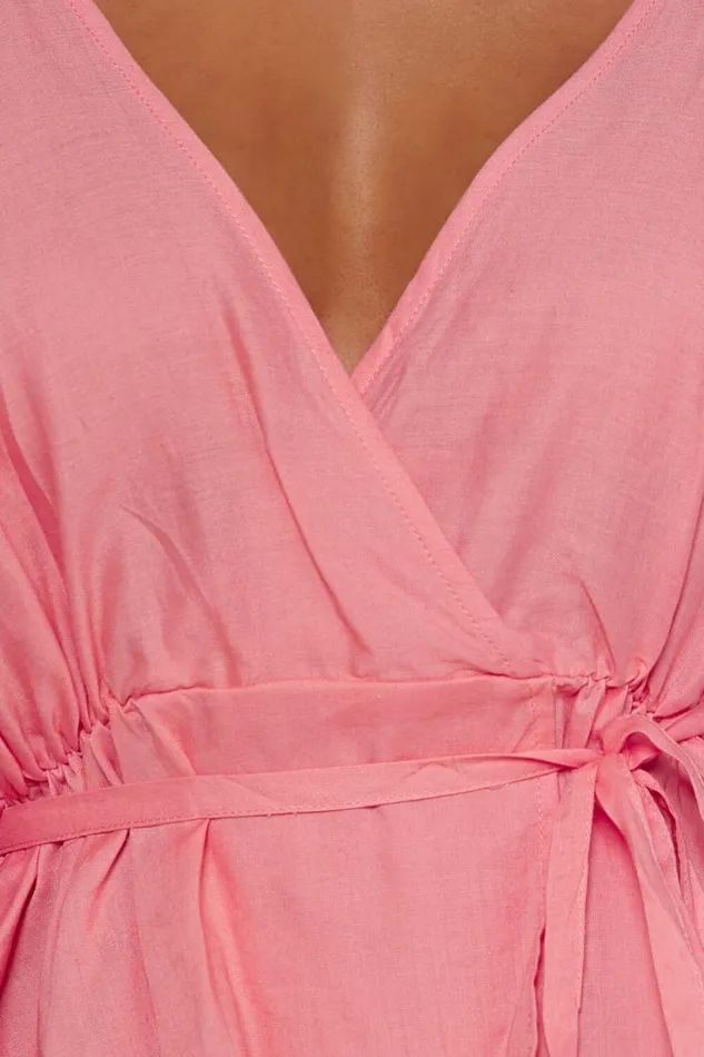 Selena Top 8211 Linen Look V Neck Wrap Long Blouson Sleeve In Peach Women Showpo Tops