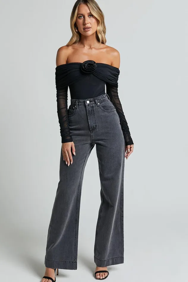 Seraphina Bodysuit 8211 Off Shoulder Long Sleeve Detachable Rosette Mesh Bodysuit In Black Women Showpo Tops