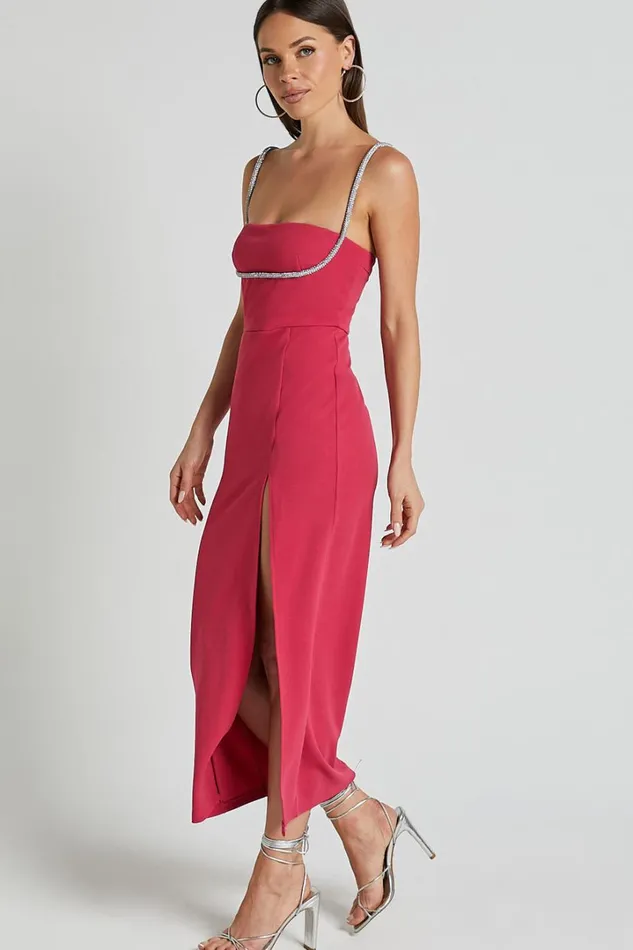 Sharley Midi Dress 8211 Diamante Detail Pencil Dress In Fuschia Women Showpo Curve Clothes