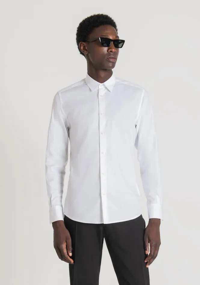 Shirts Men Antony Morato Napoli SoftTouch Cotton SlimFit Shirt With MicroWeave White