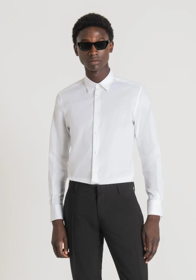 Shirts Men Antony Morato Napoli SoftTouch Cotton SlimFit Shirt With MicroWeave White
