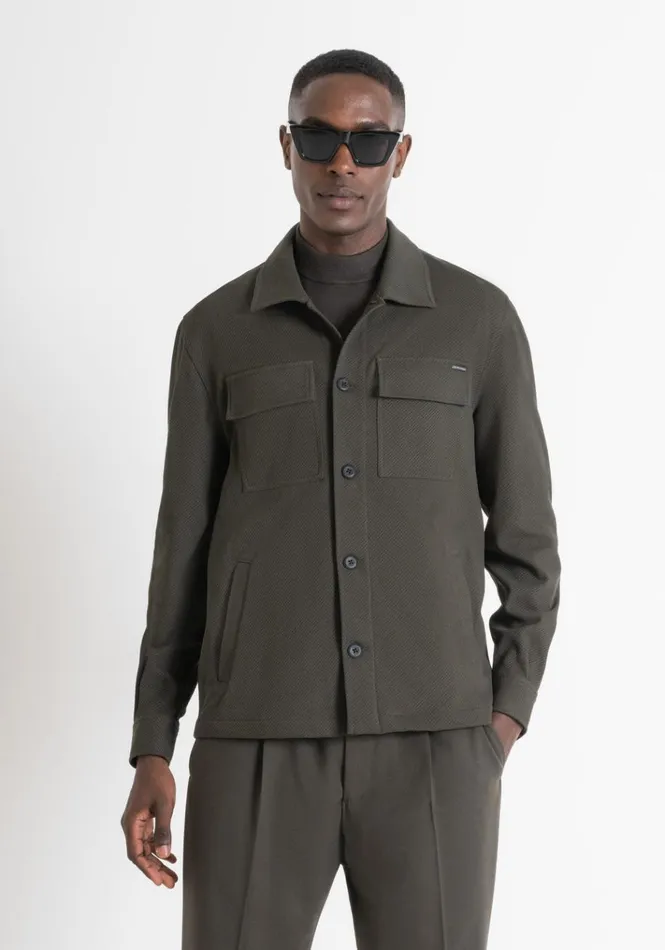 Shirts Men Antony Morato Straight Cut 034Oslo034 Shirt In Green Cotton Blend With Pockets Dark Olive Green