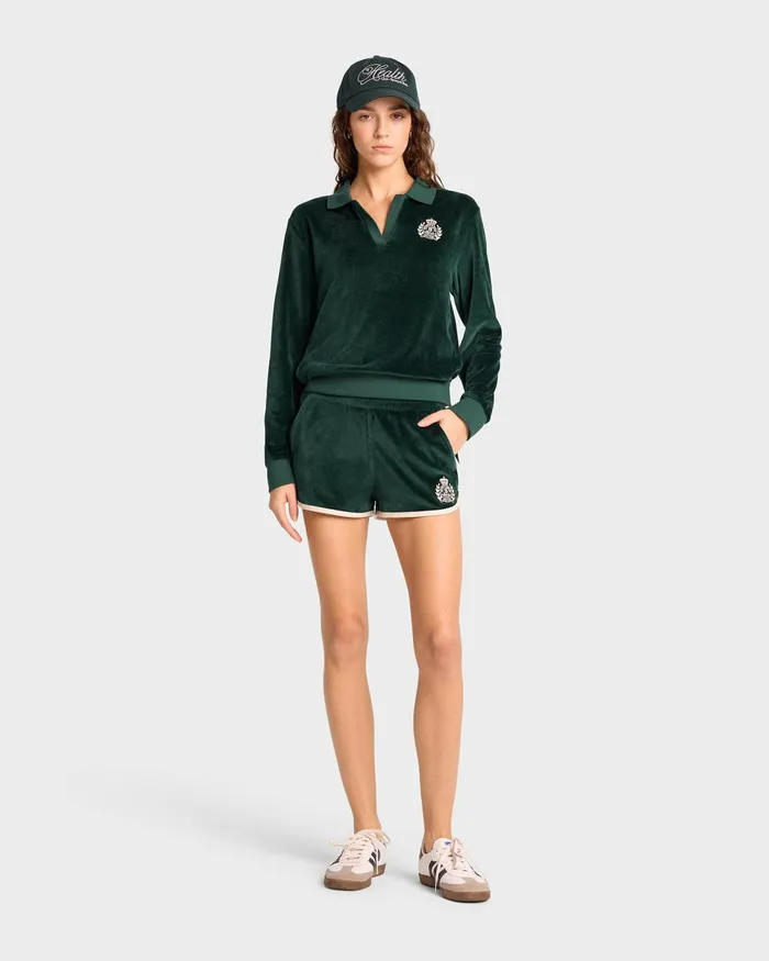 Shorts Women Sporty and Rich NY Crest Velour Short 8211 ForestCream