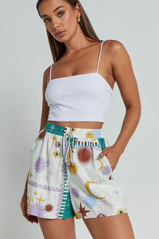 Sifani Shorts 8211 High Waist Elastic Drawstring Shorts In Cosmic Summer Women Showpo Shorts